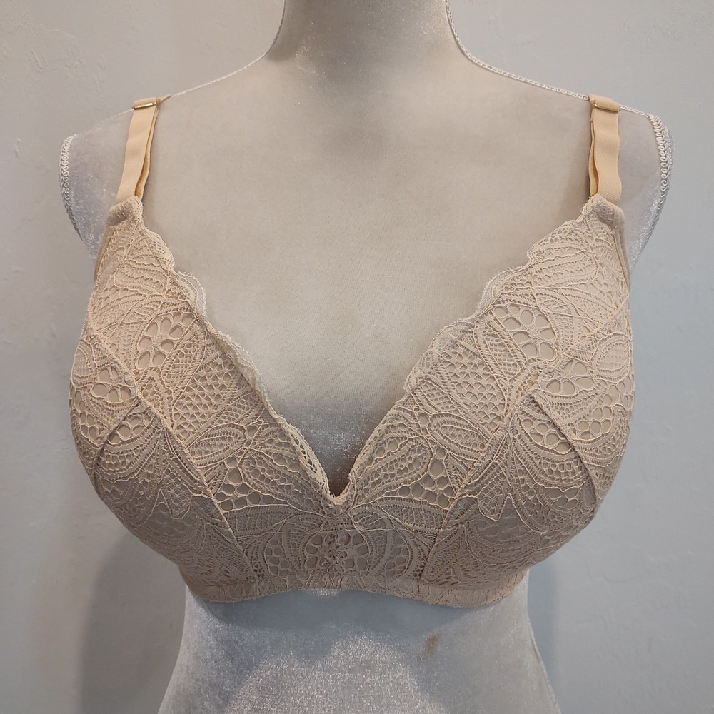Lace‎ Bra Lightly Padded Sz 38 DD Full Cup Bralette Convertible Beige No Wire